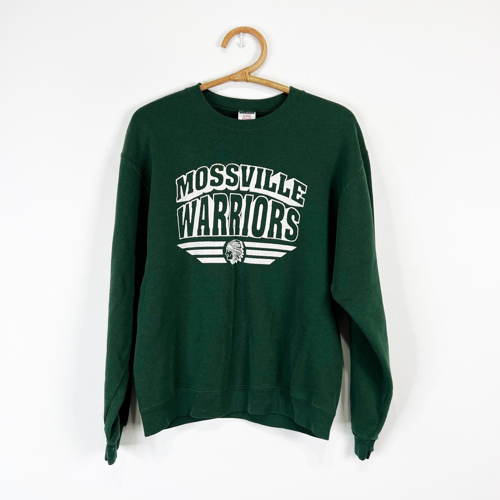 Vintage school sweater sweatshirt green and white Mossville Warriors Size Small - Picture 7 of 8
